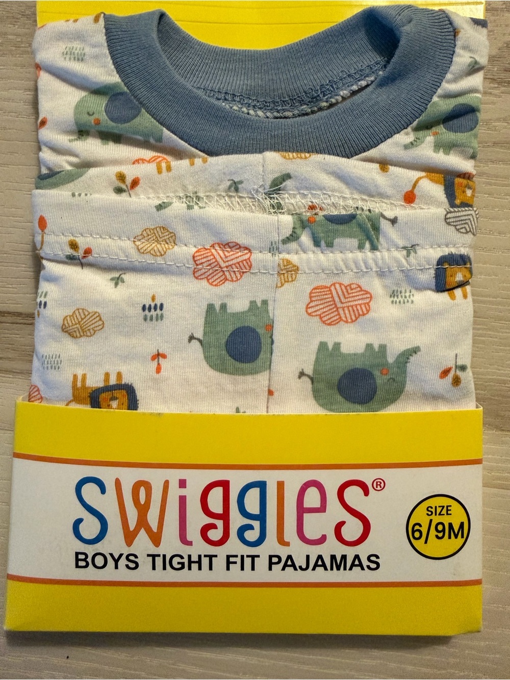 Swiggles Boys White Pajama Set with Blue Collar and Green Elephant Print